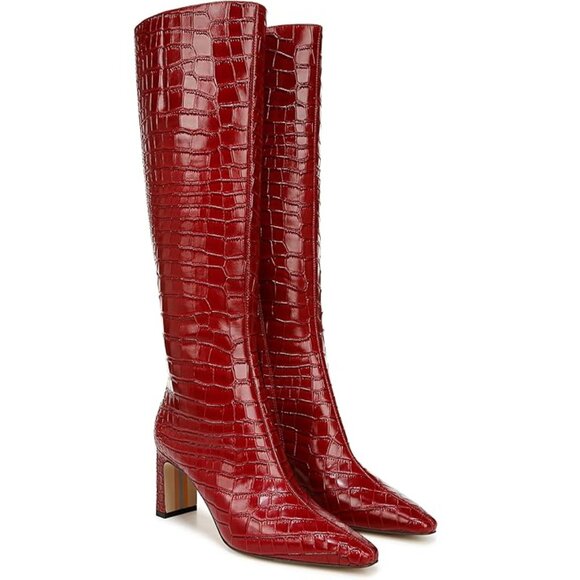Sam Edelman Sylvia Knee High Wide Calf Leather Boot Cherry Crocodile Size 8.5M - Picture 1 of 8